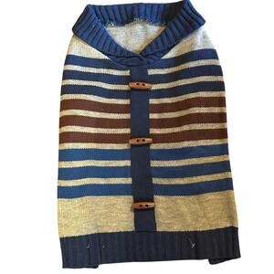 Vibrant Life Dog Sweater Blue Tan Brown Striped Knit Toggle Closure Size Small